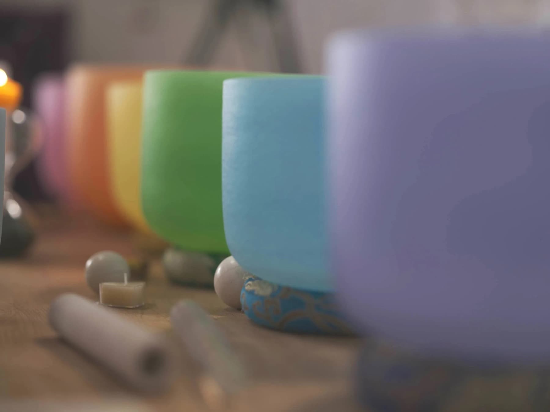 Colored crystal sound bowls in the studio